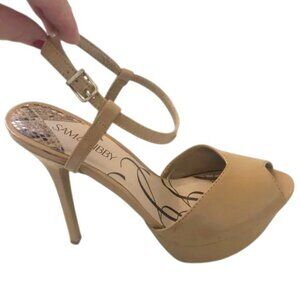 Sam & Libby Tan Patent Leather Peep Toe Platform Stiletto 9.5